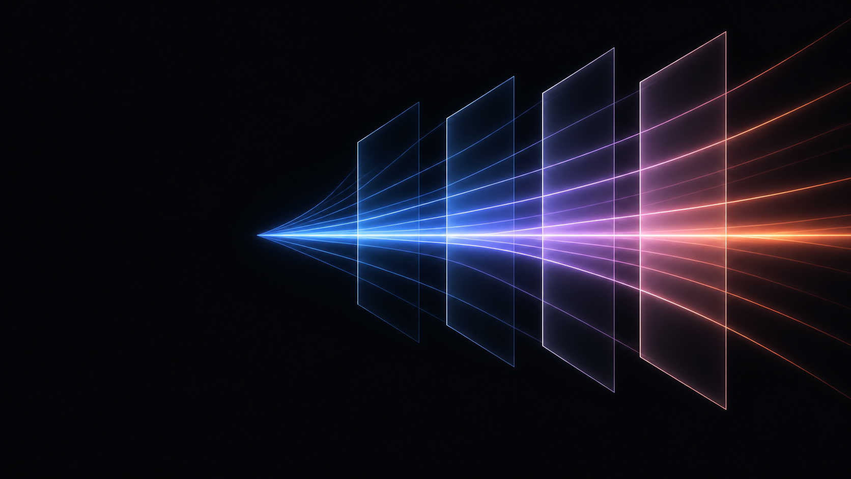 Five luminous product surfaces moving from blue through violet to coral